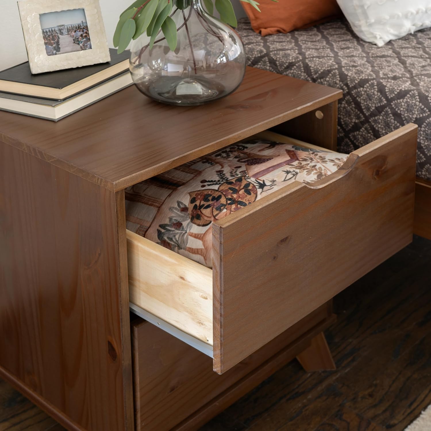 Powell Fordham Walnut Solid Pine Wood Twin Sized Platform Bed and Two Drawer Nightstand