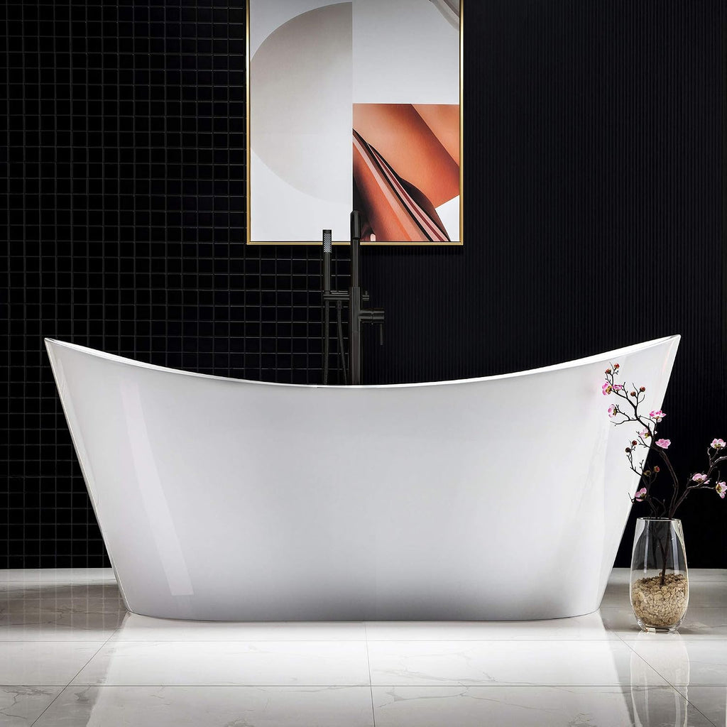 WOODBRIDGE 67' Acrylic Freestanding Bathtub Contemporary Soaking White Tub with Oil Rubbed Bronze Overflow and Drain，B0010 -ORB-Drain &O