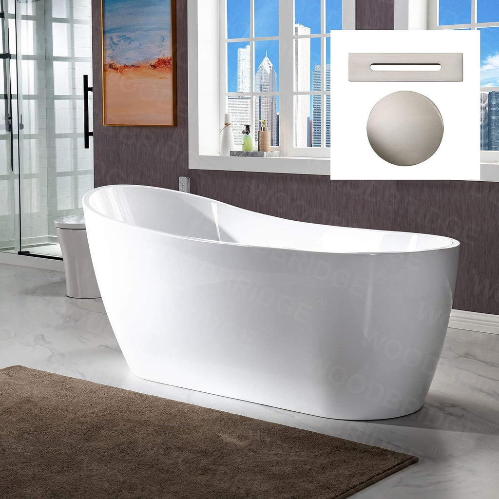WOODBRIDGE 67' Freestanding White Acylic Soaking Bathtub Drain and Overflow,BTA1508-B/N-Drain &O, with Brushed Nickel Drian