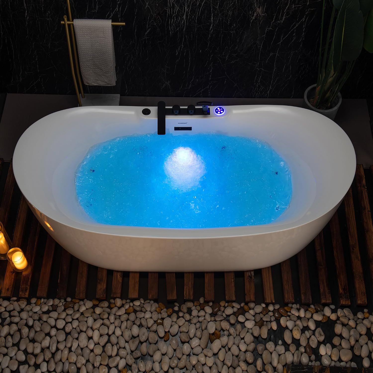 WOODBRIDGE 72' x 35-3/8' Whirlpool and Air Bath Heated Soaking Combination Tub with Adjustable Speed Air Blower, Tub Filler, and LED control panel, Matte Black Finish Trim and Drain Kit,BM-400+F0051