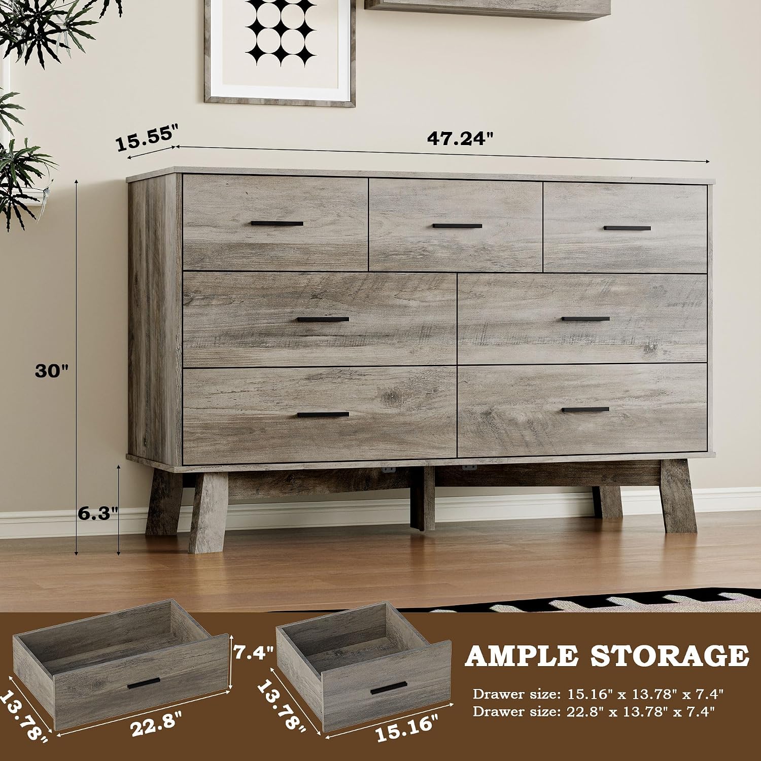 BORNOON Dresser for Bedroom with 7-Drawer, 47.2' Wide Modern Chest of Drawers with Metal Handles, X-Shape Base & Adjustable Center Leg, Anti-Tip Closet Organizers and Storage