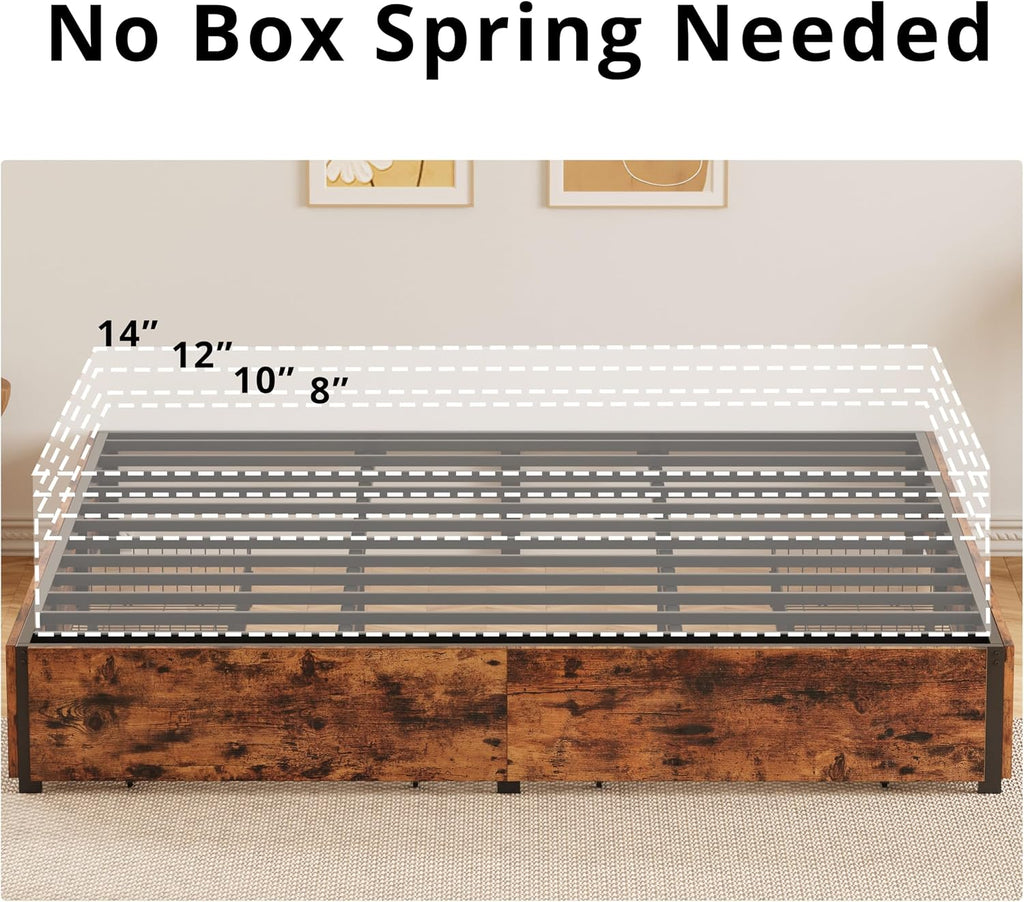 LIKIMIO King Bed Frame with Storage, 4 Drawers and Heavy Strong Metal Support Frames, Solid Stable, No Box Spring Needed, Noise-Free, Easy Assembly, Industrial Brown