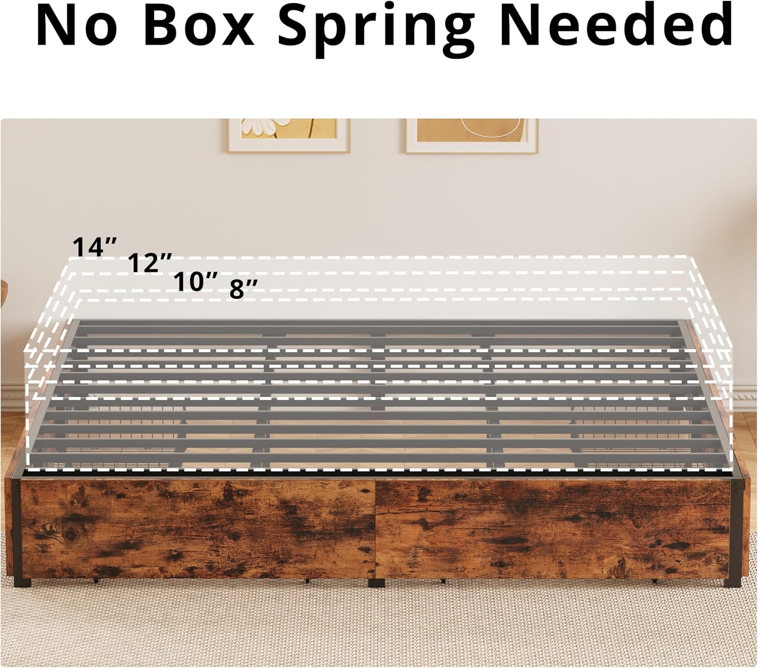 LIKIMIO King Bed Frame with Storage, 4 Drawers and Heavy Strong Metal Support Frames, Solid Stable, No Box Spring Needed, Noise-Free, Easy Assembly, Industrial Brown