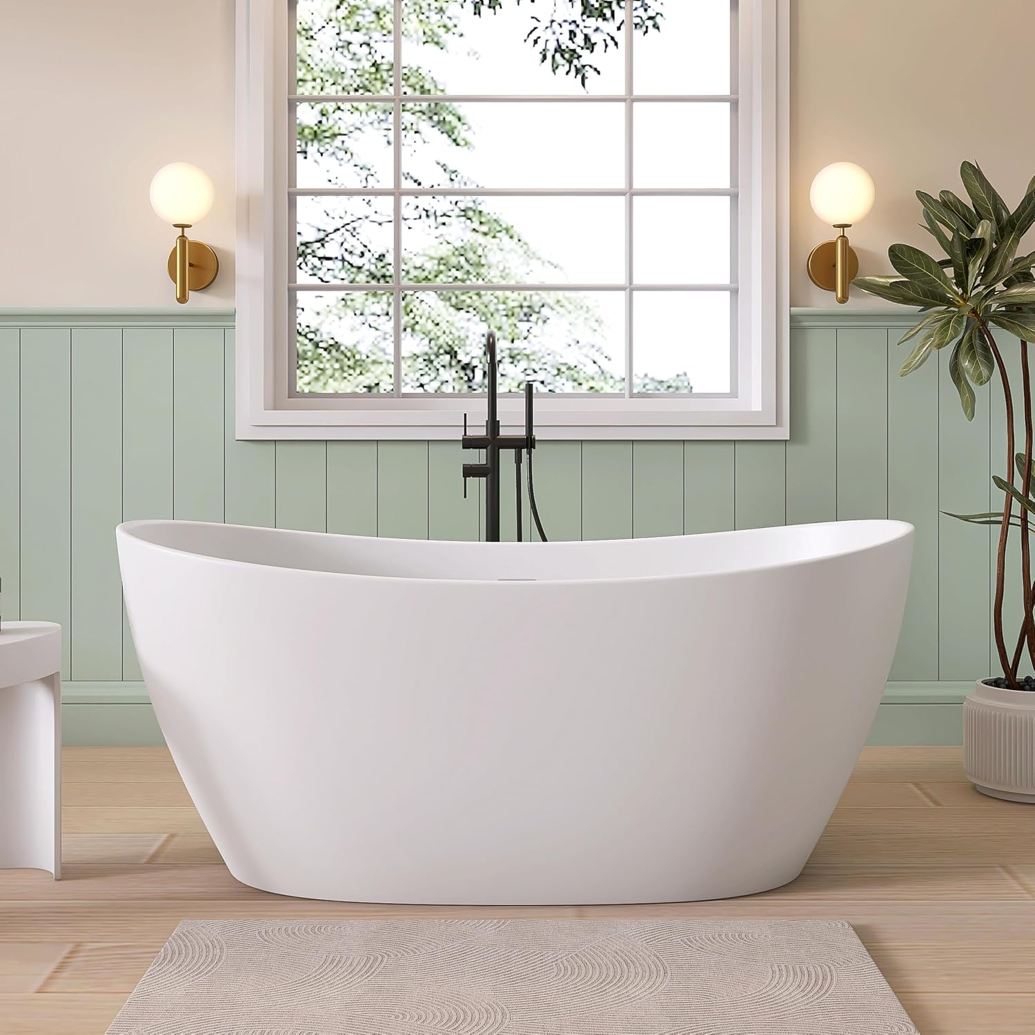 SJ STAR&JANE 55' Solid Surface Freestanding Bathtub Stone Resin Tub Oval Double Slippers Stand Alone Soaking Tub with Pop-up Drain and Overflow, Matte White