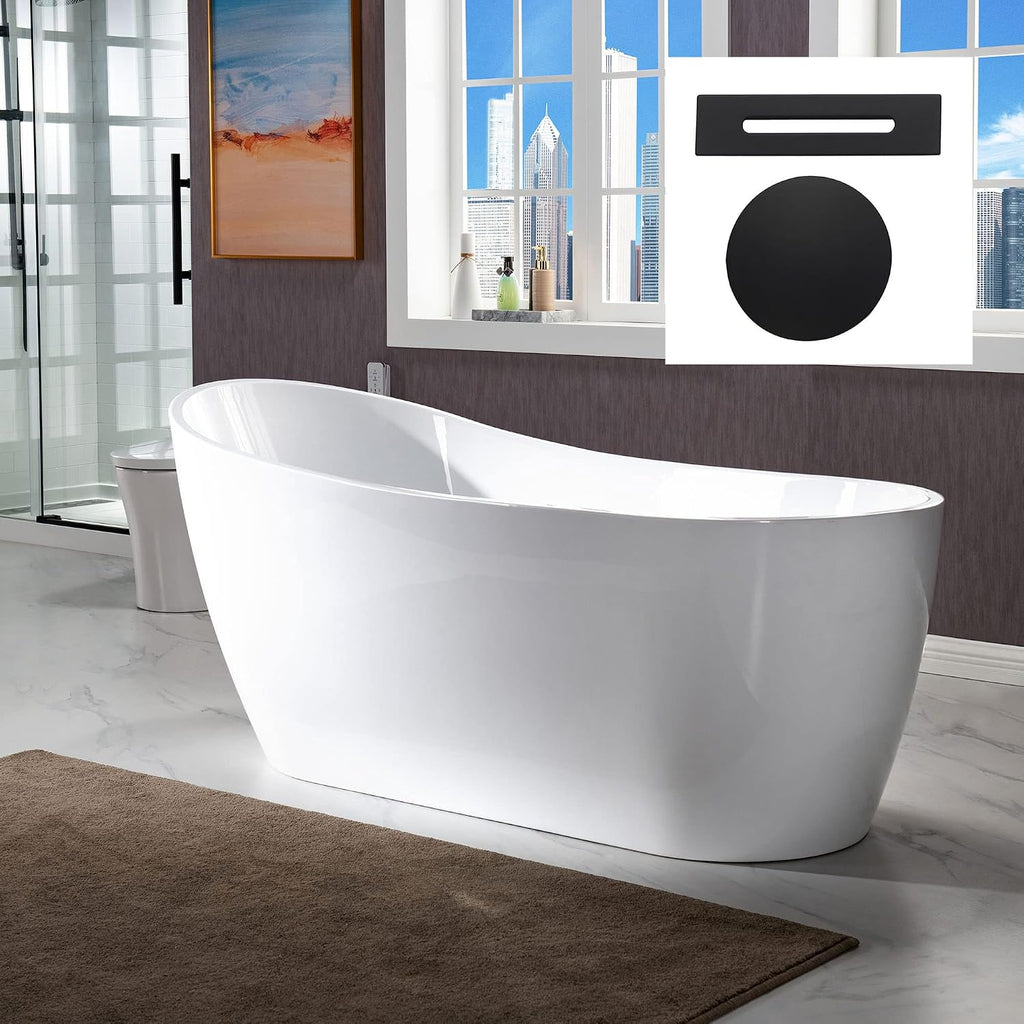 WOODBRIDGE 67' Acrylic Freestanding Bathtub Contemporary Soaking White Tub with Matte Black Overflow and Drain，B0001 -MB-Drain &O