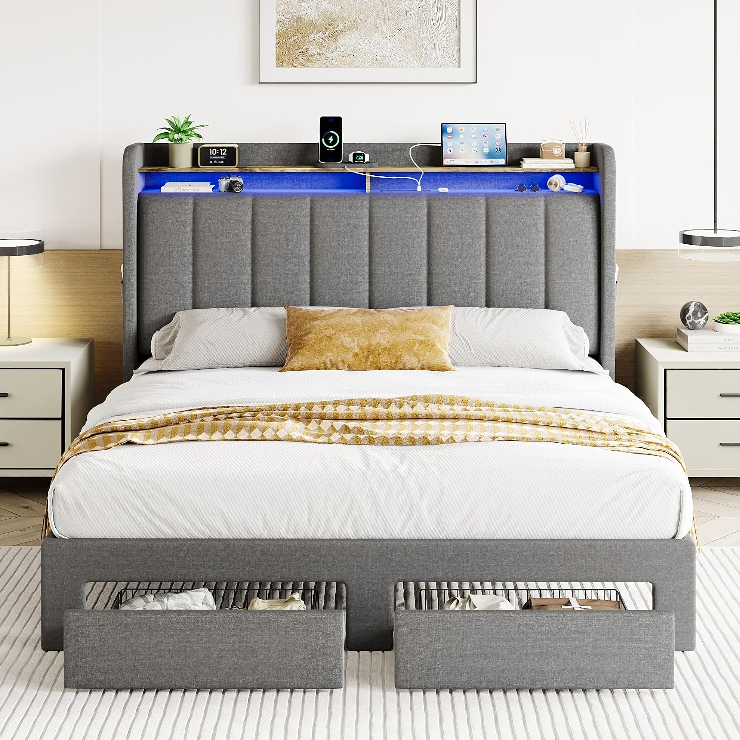 SHA CERLIN Queen Platform Bed Frame with Vertical Channel Tufted Wingback Headboard & 2 Storage Drawers/2-Tier Shelves with LED Lights & Charging Station/Noise-Free/No Box Spring Needed/Dark Grey