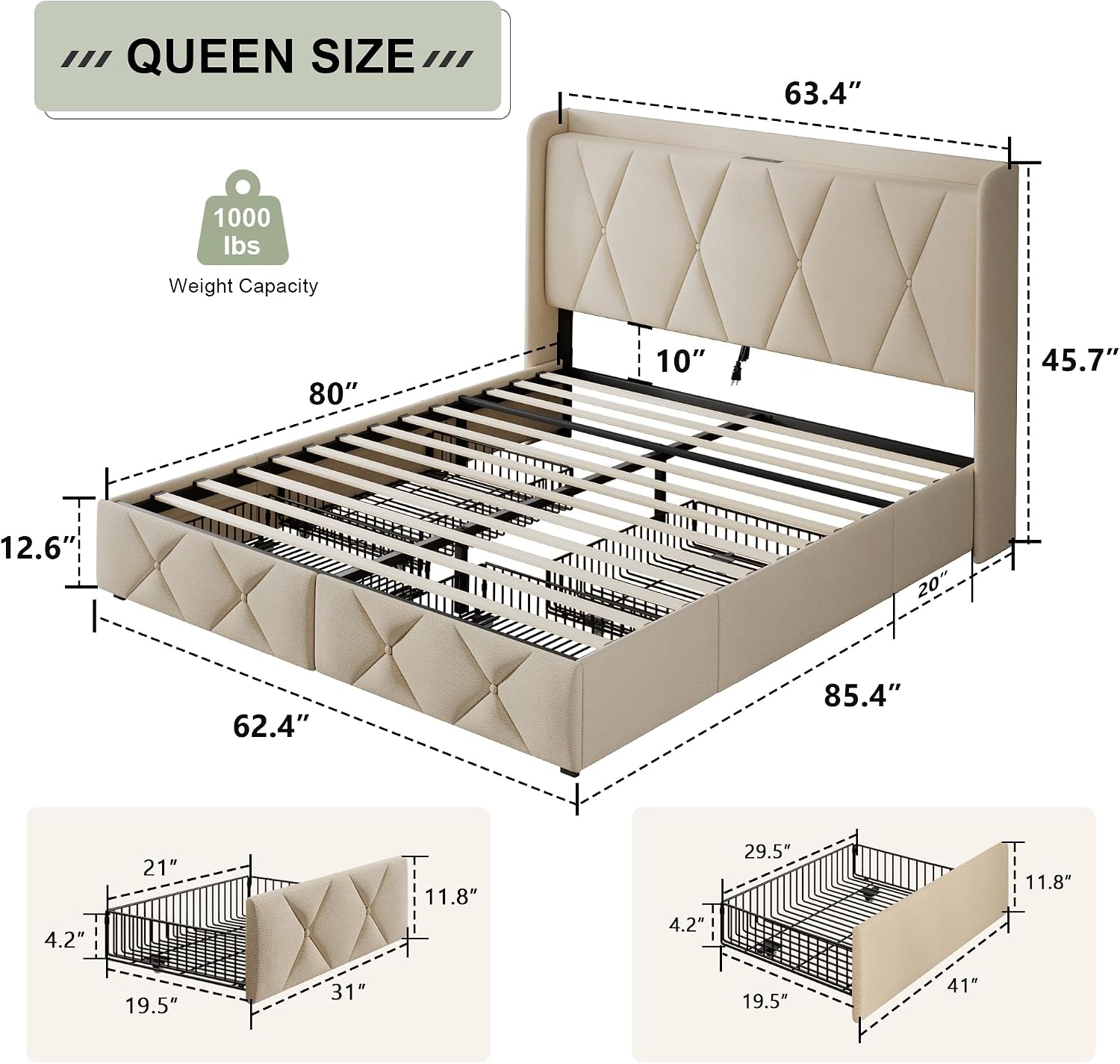 Feonase Queen Bed Frame with 4 Storage Drawers, Upholstered Button Tufted 4' Storage Headboard with Fast Charging Station, Heavy Duty Slats Support, No Box Spring Needed, Noise-Free, Beige