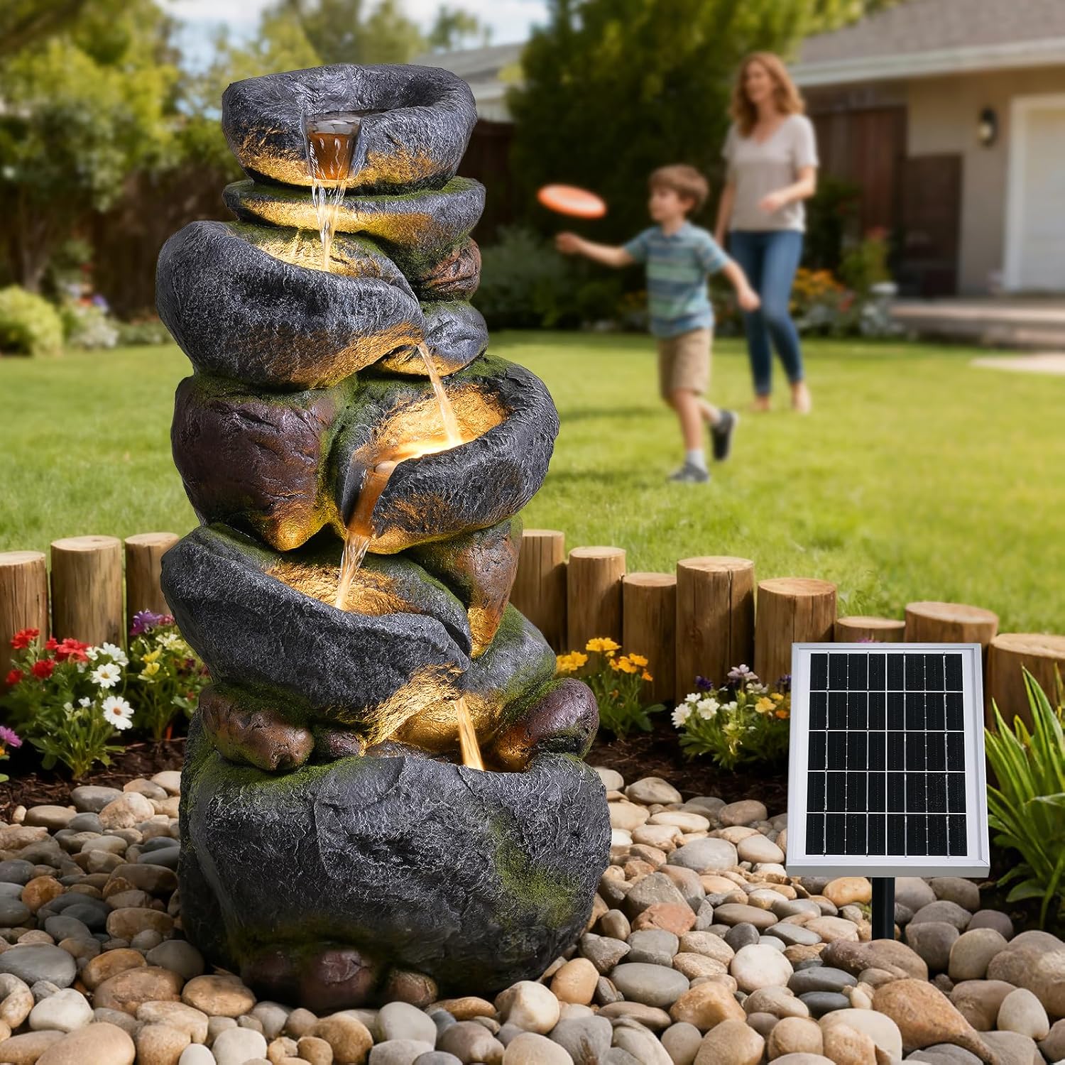 5-Tier Rock Solar Water Fountain Outdoor Garden, 36.2''Tall Cascading Natural Solar Powered Fountain Outdoor with LED Lights, Water Feature for Garden, Patio, Deck, Backyard Decor