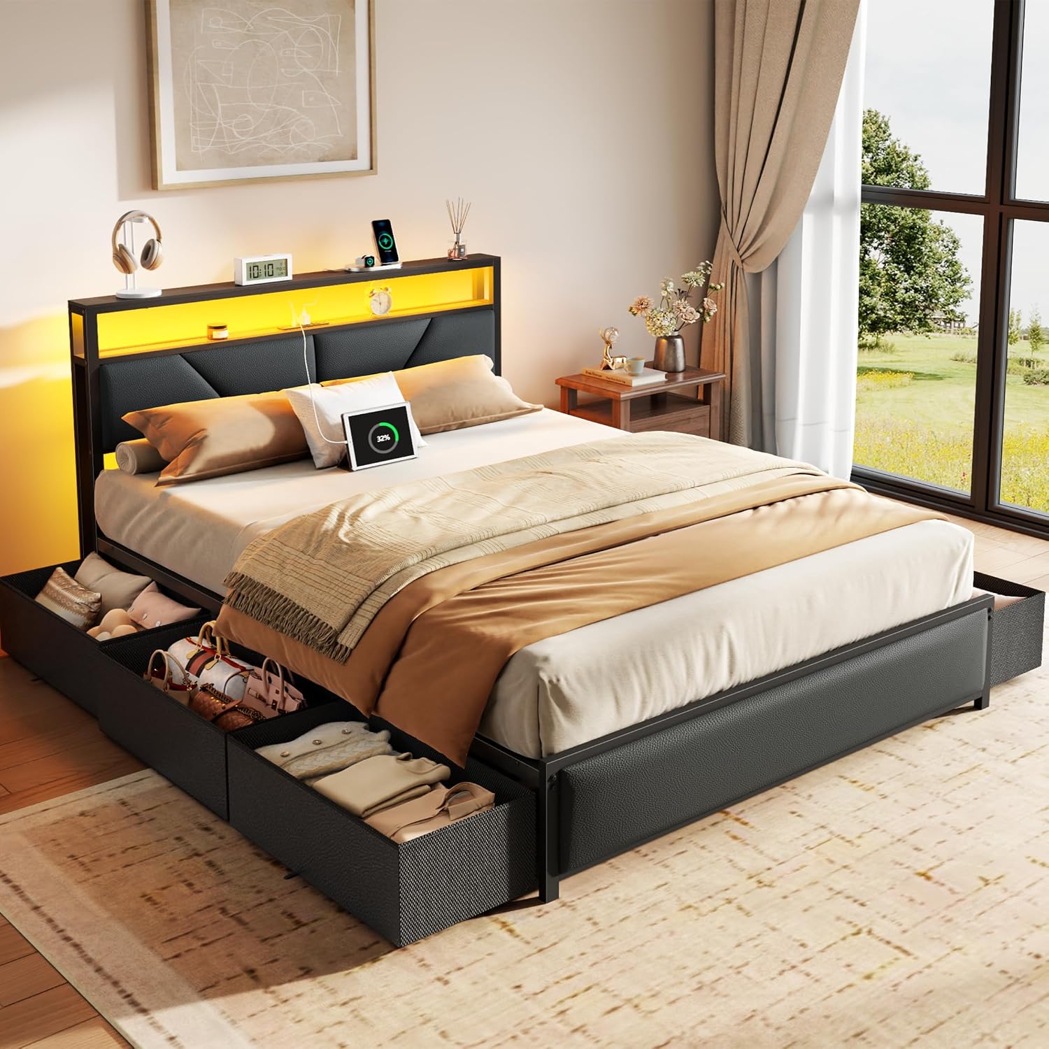 Forestell Full Size Bed Frame with Headboard 2-Tier Storage, PU Leather Upholstered Platform Bed Frame Full with 6 Storage Drawers, Charging Station and LED Lights, No Box Spring Needed, Noise Free