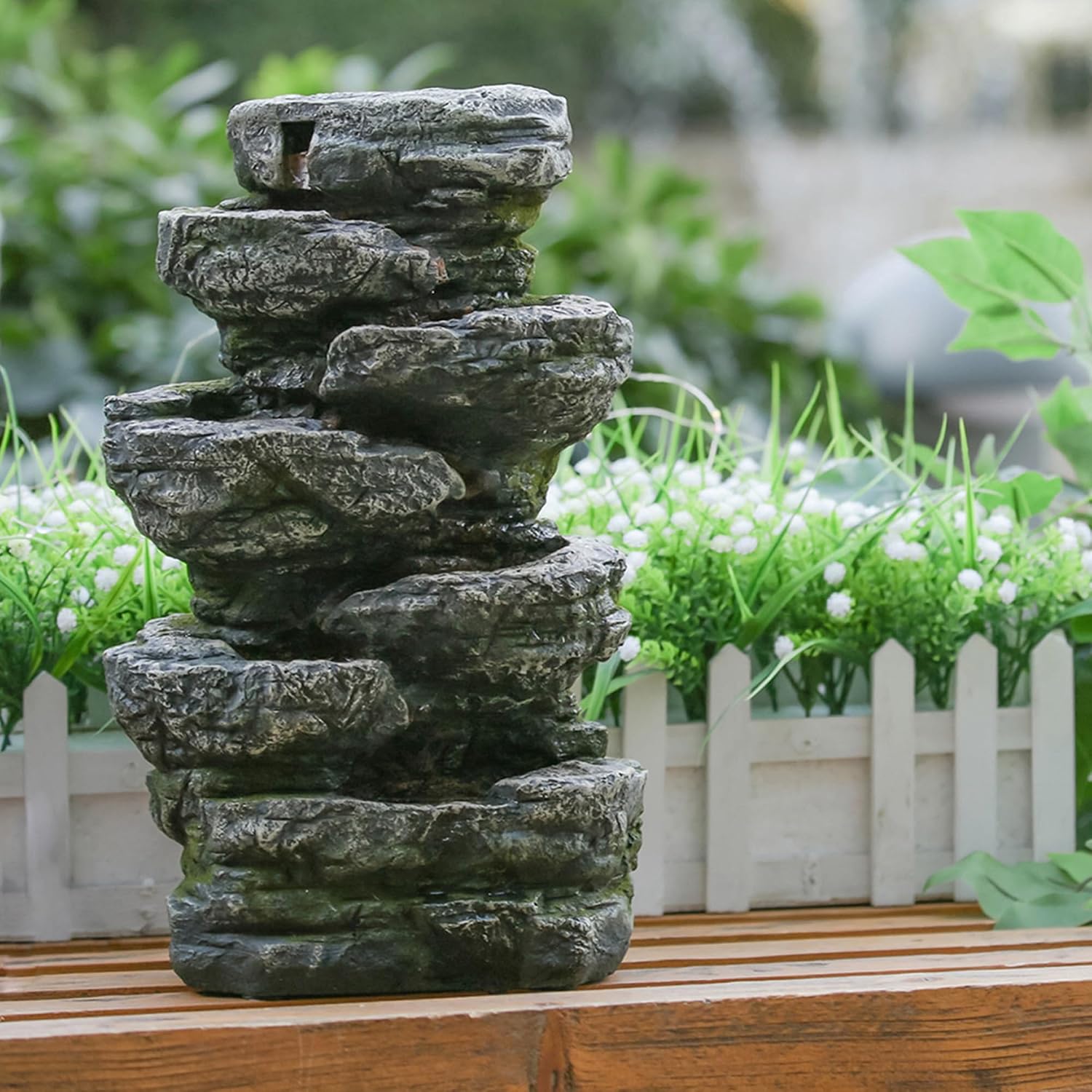 9x5x14 Indoor Gray Stone Look Water Fountain, 7 Tier Polyresin Cascading Rock Tabletop Fountain with LED Light