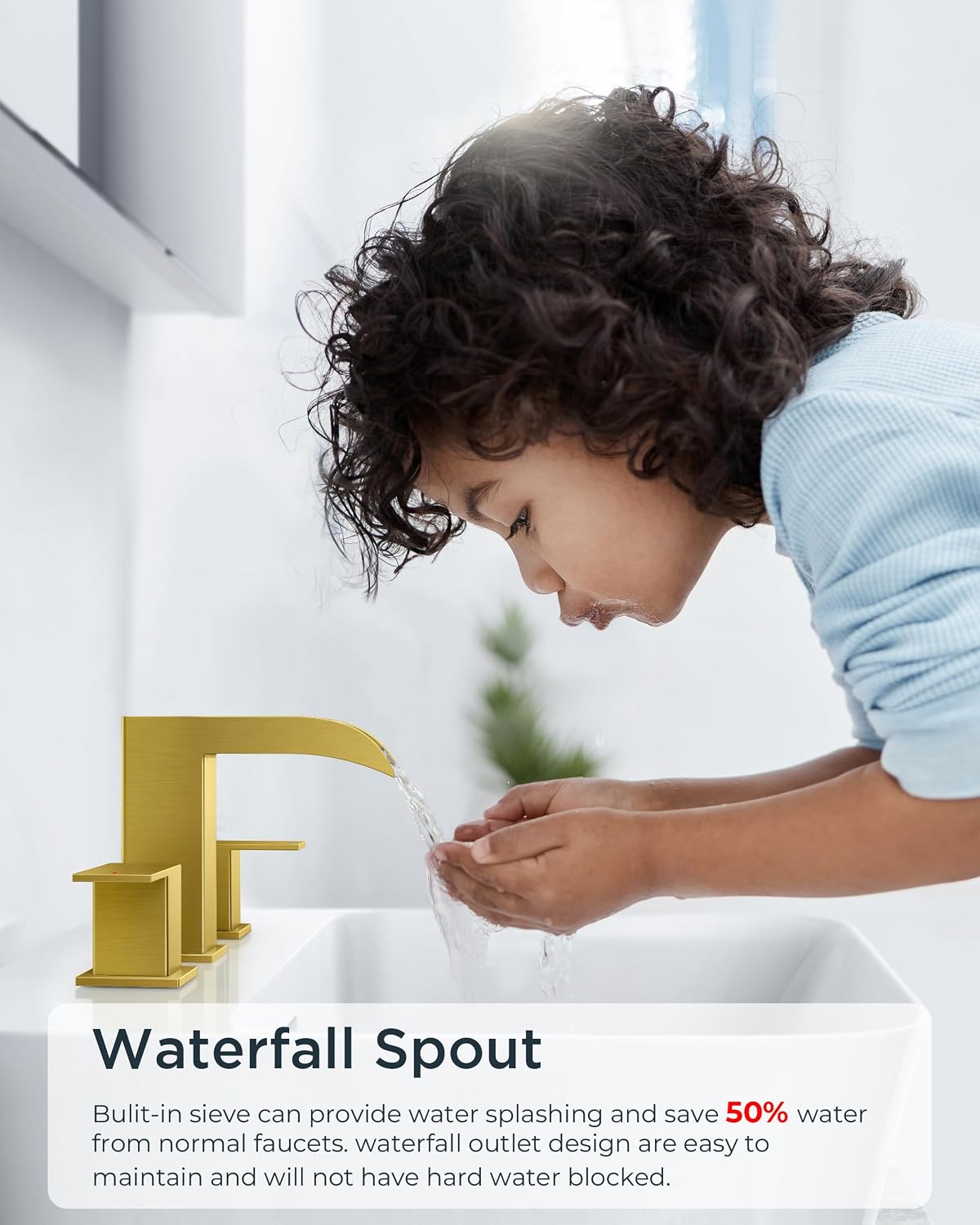 FORIOUS 2 Pack, Square Brushed Gold Bathroom Faucets 3 Hole, Waterfall 8 Inch Widespread Bathroom Sink Faucet with Metal Pop-up Drain and Supply Lines, Two Handles for Vanity, Lavatory, Restroom