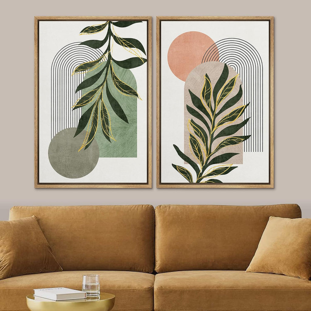 SIGNFORD Framed Canvas Print Wall Art Set Jungle Palm Leaf Geometric Polygons Abstract Shapes Illustration Modern Art Decorative Nordic Nature for Living Room, Bedroom, Office - 24'x36'x2 Natural