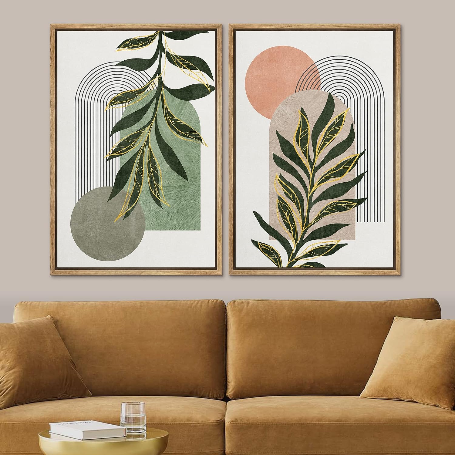 SIGNFORD Framed Canvas Print Wall Art Set Jungle Palm Leaf Geometric Polygons Abstract Shapes Illustration Modern Art Decorative Nordic Nature for Living Room, Bedroom, Office - 24'x36'x2 Natural