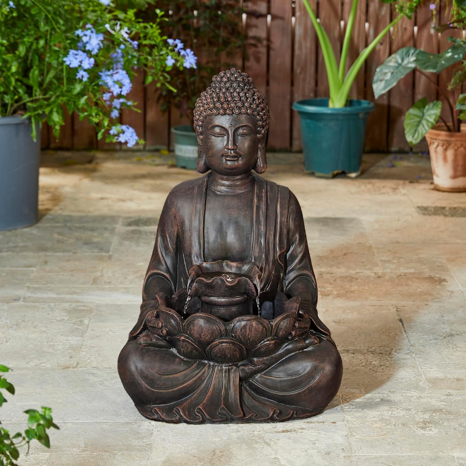 Glitzhome Outdoor Fountain 28' H, Large Zen Style Buddha Waterfall Fountains Indoor Water Fountain with Pump & LED Lights, Freestanding Water Feature Outside Garden Backyard Decor