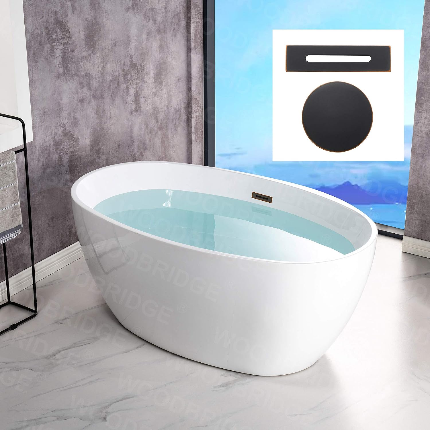 WOODBRIDGE 55' Acrylic Freestanding Bathtub Contemporary Soaking White Tub with Oil-Rubbed Bronze Overflow and Drain，B1418 -ORB-Drain &O