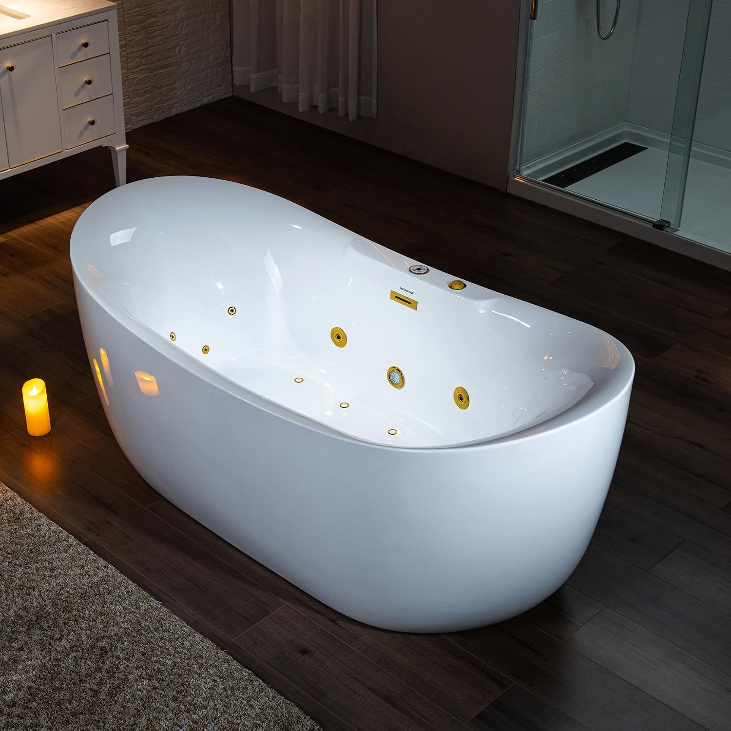 WOODBRIDGE 72' x 35-3/8' Whirlpool and Air Bath Heated Soaking Combination Tub with Adjustable Speed Air Blower and Display Control Panel, Brushed Gold Finish Trim and Drain Kit, BG400
