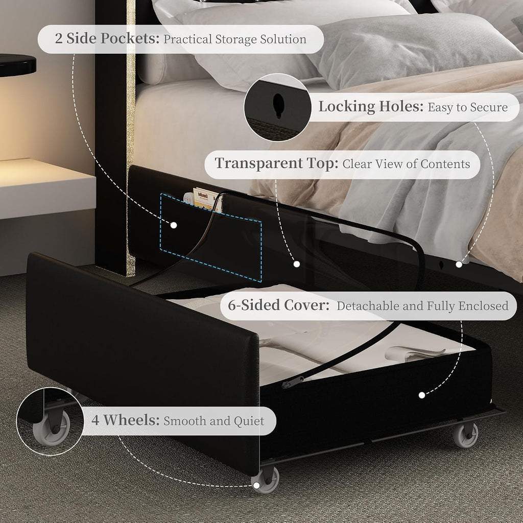 Full Led Bed Frame with Galaxy Aurora Star Projector, Full Size Platform Bed with 2 Storage Drawers, 52' Diamond Upholstered Headboard with Charging Station, Noise Free, No Box Spring Needed, PU Black