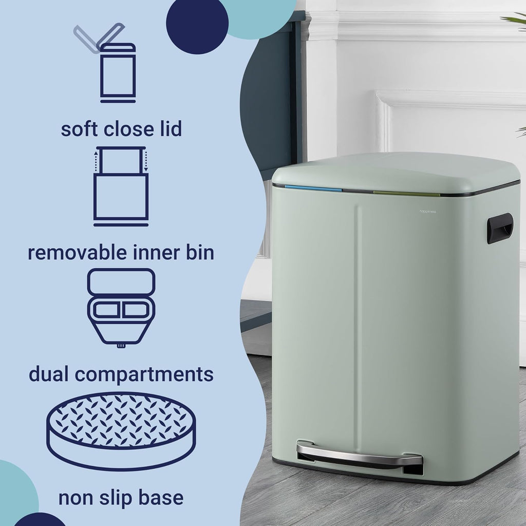 happimess HPM1005E Marco Rectangular 10.6-Gallon Double Bucket Trash Can with Soft-Close Lid, Pistachio Gelato, Fingerprint Resistant, Modern, Minimalistic for Home, Kitchen, Office, Bedroom, Bathroom