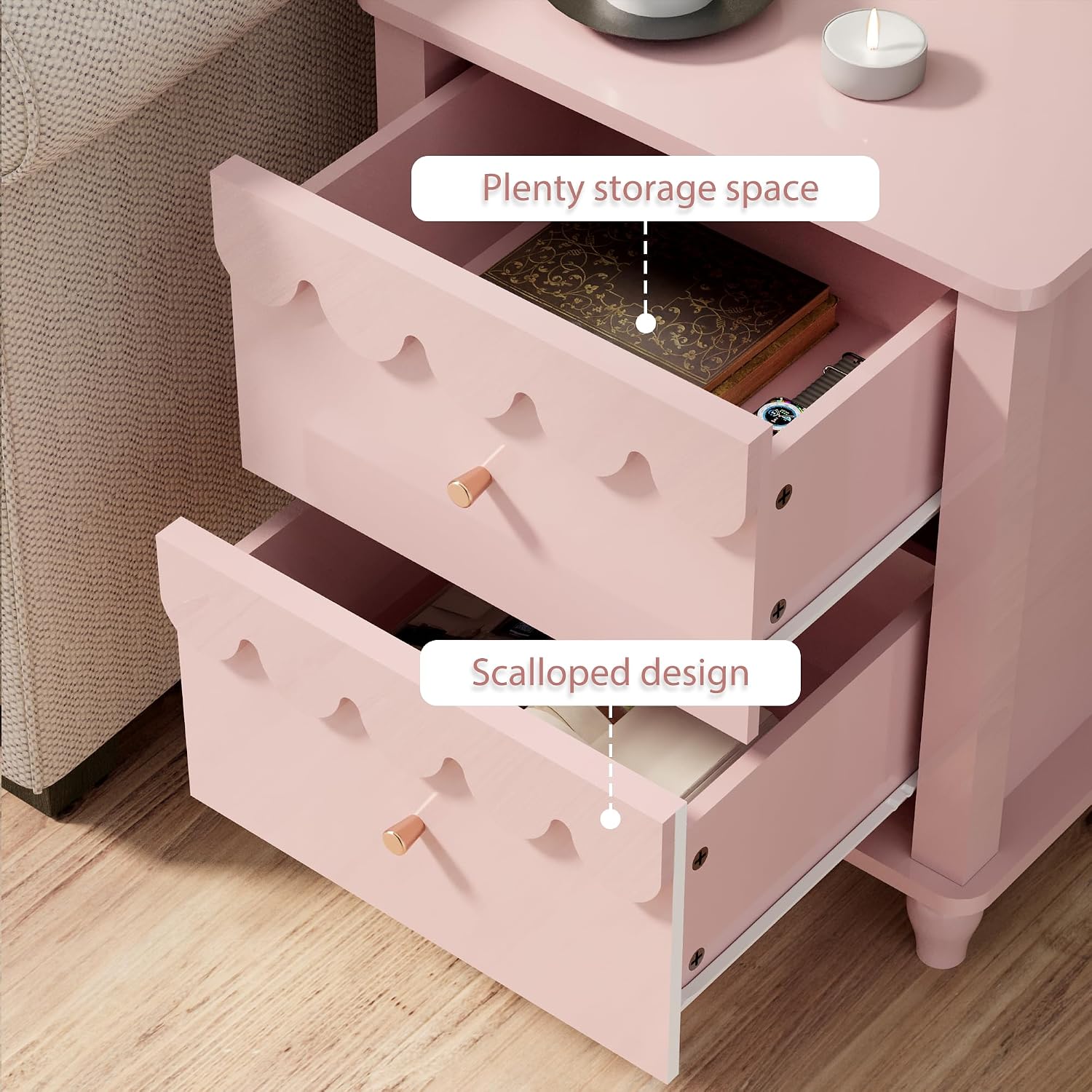 Anbuy Bedroom Sets Scalloped 6 Drawer Dresser and Night Stand Sets for Bedroom, Two Drawers Nightstand & 6 Drawer Dresser Combo 2 Pieces (Pink)