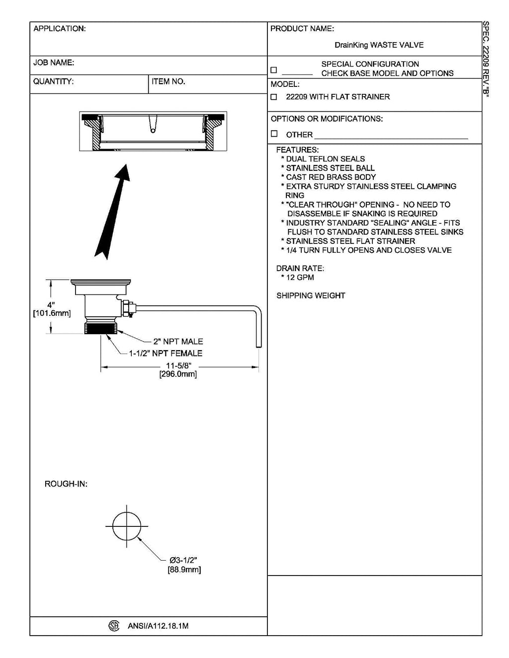 Fisher 22209 DrainKing Waste Valve, with Flat Strainer, 12 GPM Drain Rate