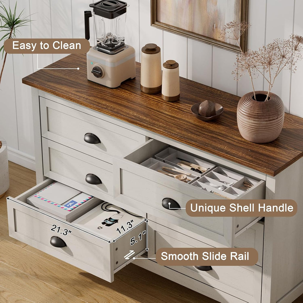 SINROM Farmhouse 2-Piece Bedroom Dresser Set, 6 Drawer Wide Dresser & 5 Drawer Tall Dressers, Distressed Wood Grain Finish with Shell Handles, Dressers Chest of Drawers for Bedroom
