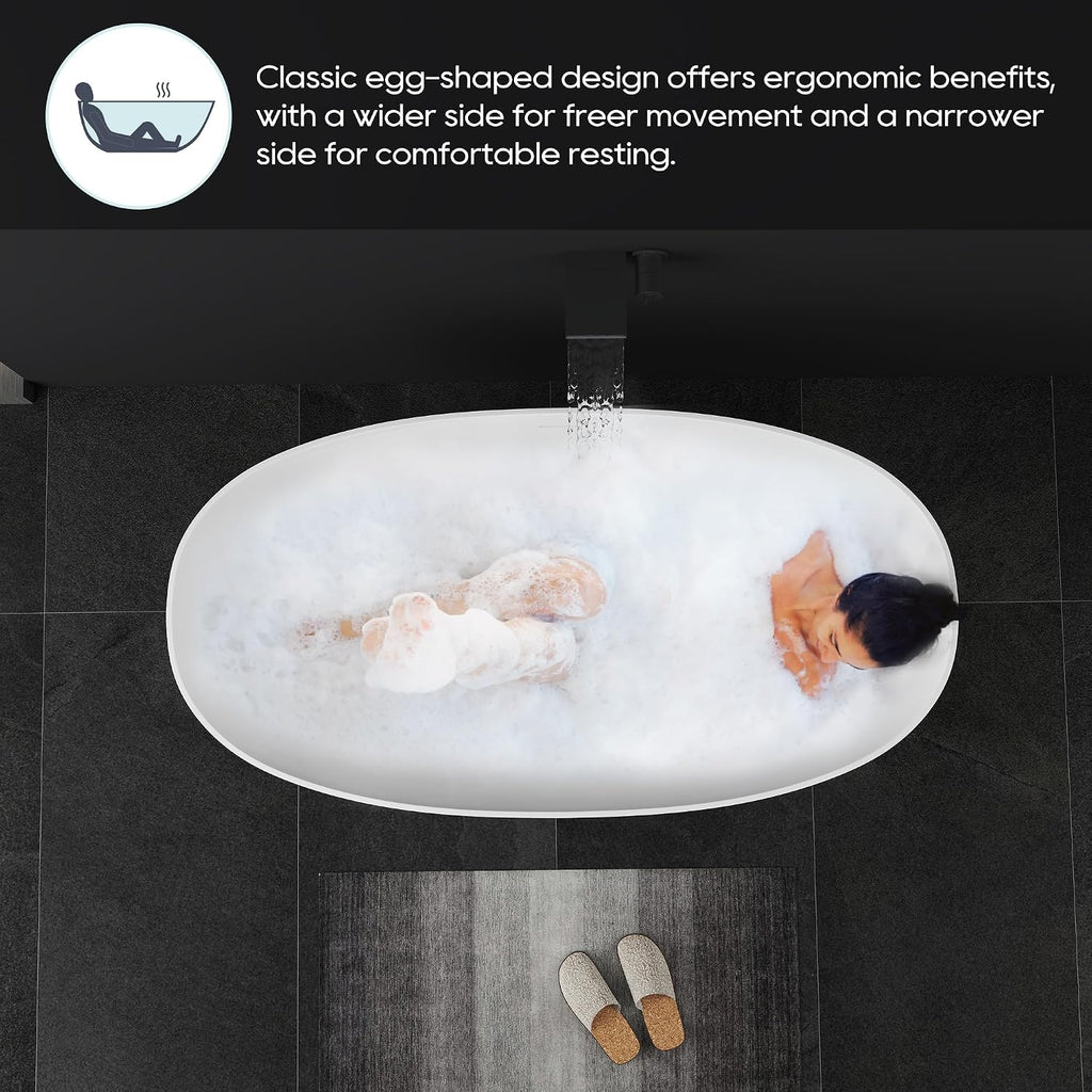 59' Freestanding Solid Surface Bathtub, Oval Stone Resin Soaking Tub Modern Design Stand Alone Tub with Pop-up Drain & Overflow Matte White