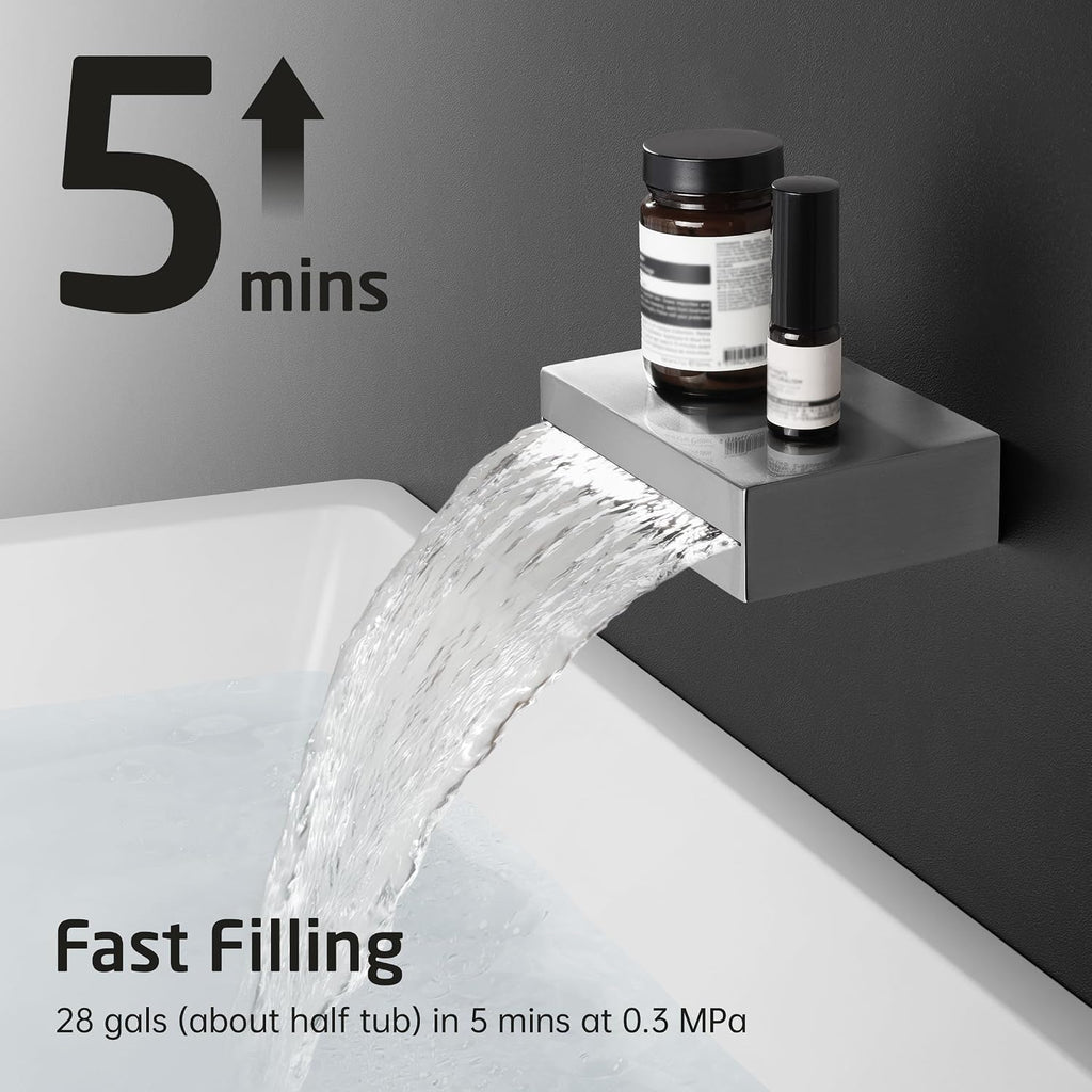 KES Bathtub Shower Faucet Set with Waterfall Tub Spout Bathroom Sink Drain with Strainer Basket Hair Catcher, XBN6305-BN+S2013A-BN-NEW