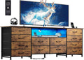 WLIVE 12 Drawer Dresser for Bedroom, Dresser TV Stand for 65, 70, 75 inch TV with Led Lights & Charging Station, Wide Chest of Drawers with Open Shelves, Fabric Dressers for Living Room, Rustic Brown