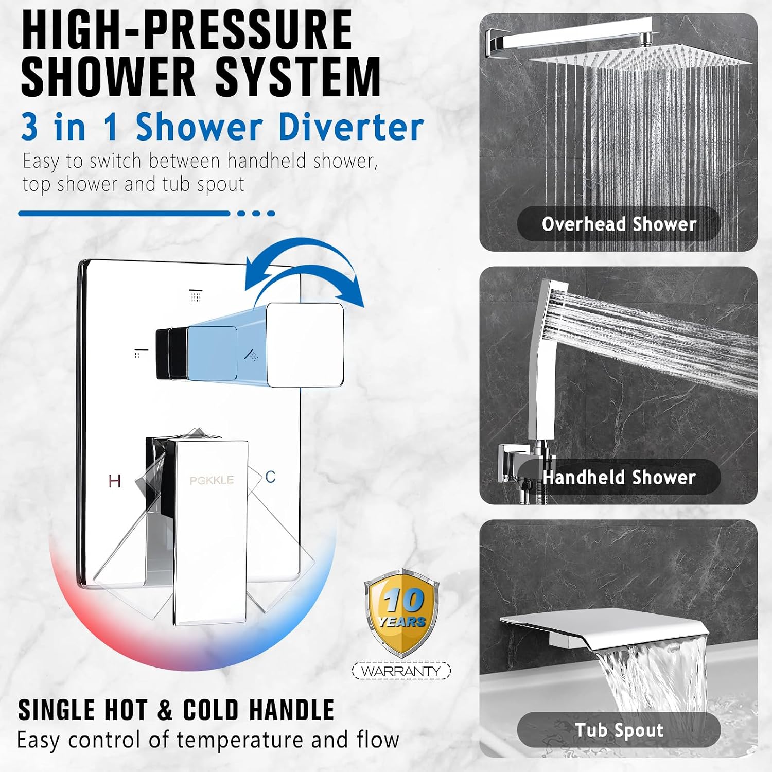10 Inch Rainfall Shower System with Tub Spout Wall Mounted Complete Combo with Solid Brass Pressure Balancing Valve, High Pressure Shower Head, Handle Set & Installation Accessories Chrome