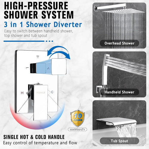10 Inch Rainfall Shower System with Tub Spout Wall Mounted Complete Combo with Solid Brass Pressure Balancing Valve, High Pressure Shower Head, Handle Set & Installation Accessories Chrome