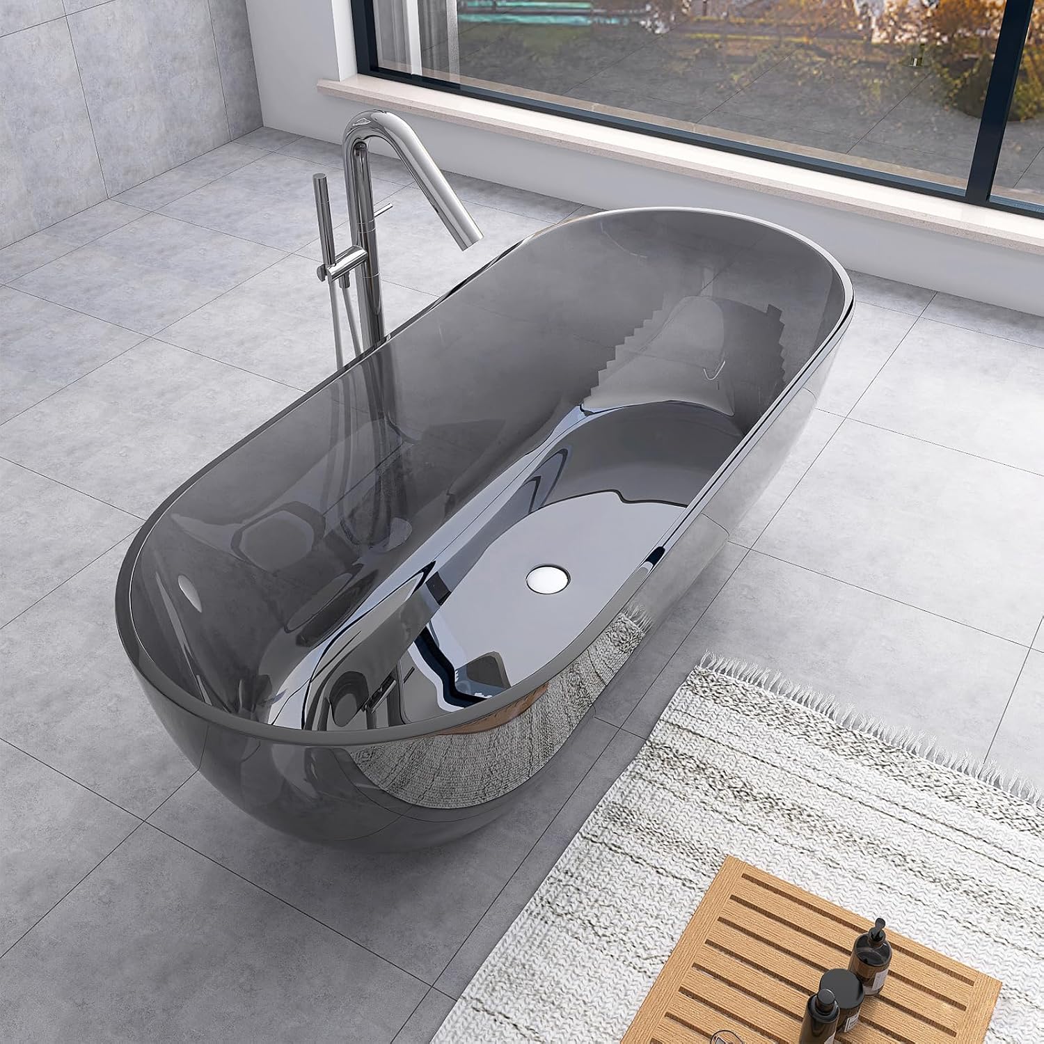 69'' Grey Freestanding Tubs Bathtub Solid Surface Resin Stone Bathtubs soaker Tubs Oval Shaped Matte Luxury Modern Soaking Tub with Overflow and Pop-up Drain