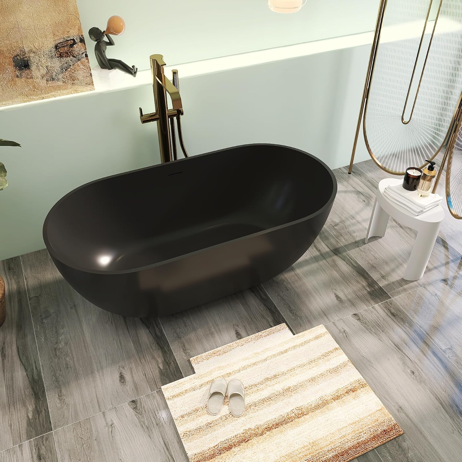 59' Premium Matte Black Solid Surface Freestanding Bathtub, Modern Design Stone Resin Bath Tub with Overflow and Pop-up Drain