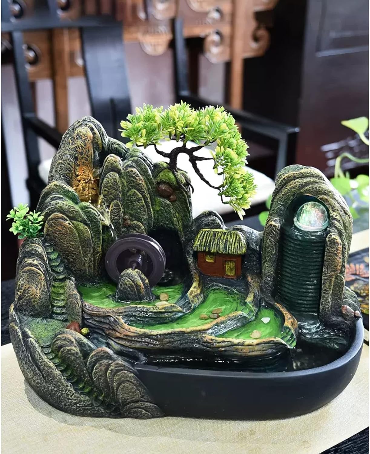 HIHELO Desktop Fountain Resin Tabletop Fountain with Artificial Rock Design Indoor Zen Tabletop Relaxation Water Feature Indoor Spa and Yoga Decoration Water Fountain Outdoor