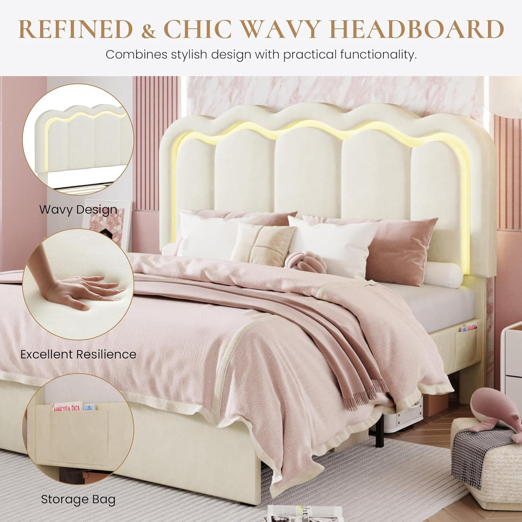 SHA CERLIN Upholstered Queen Size Bed Frame with LED Lights and Large Storage Drawer, Velvet Platform Bed with Adjustable Wavy Headboard, Noise Free, Easy Assembly, No Box Spring Needed, Soft Cream