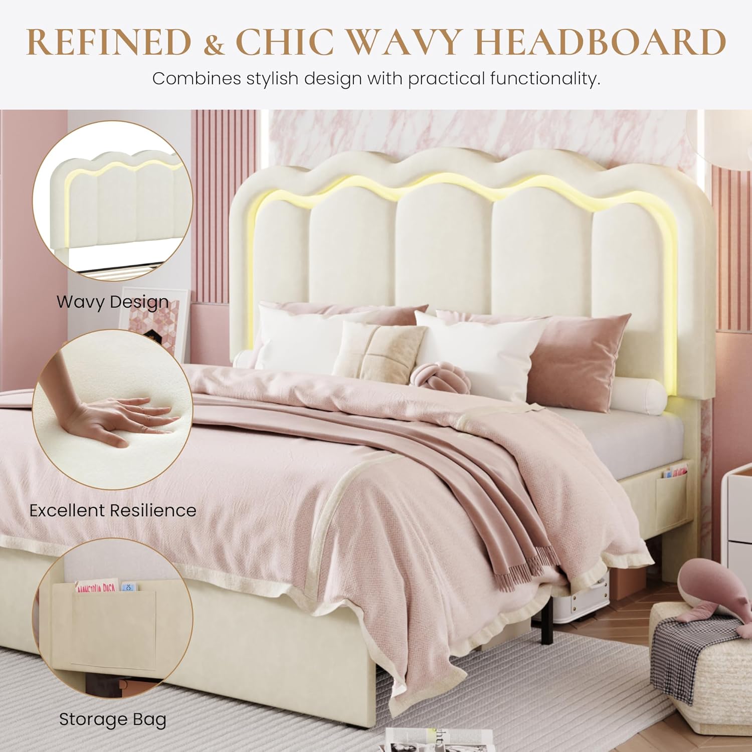 SHA CERLIN Upholstered Queen Size Bed Frame with LED Lights and Large Storage Drawer, Velvet Platform Bed with Adjustable Wavy Headboard, Noise Free, Easy Assembly, No Box Spring Needed, Soft Cream