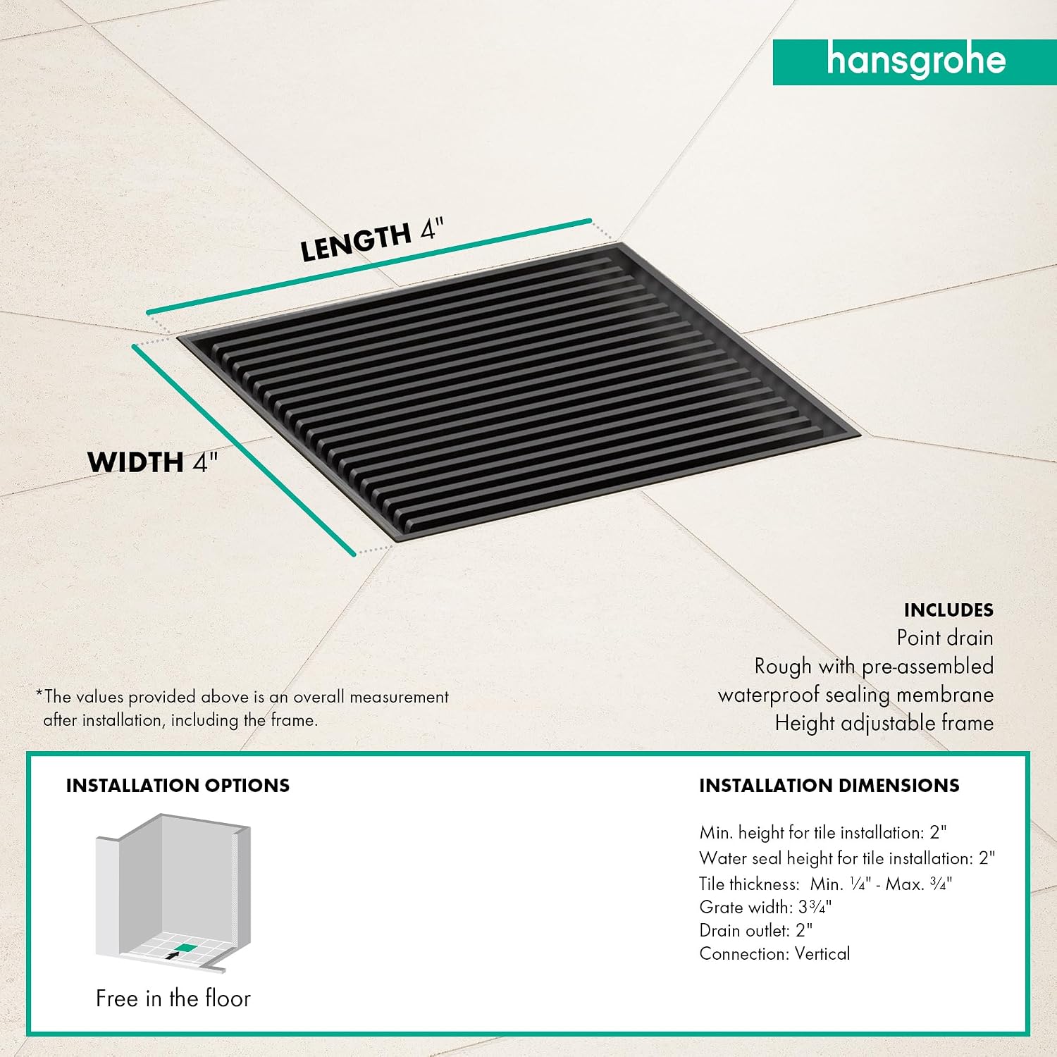 hansgrohe RainDrain Brilliance Square Shower Drain Set with Rough and Height Adjustable Frame in Brushed Stainless Steel, Stainless Steel Shower Floor Drain , 4x4 in.