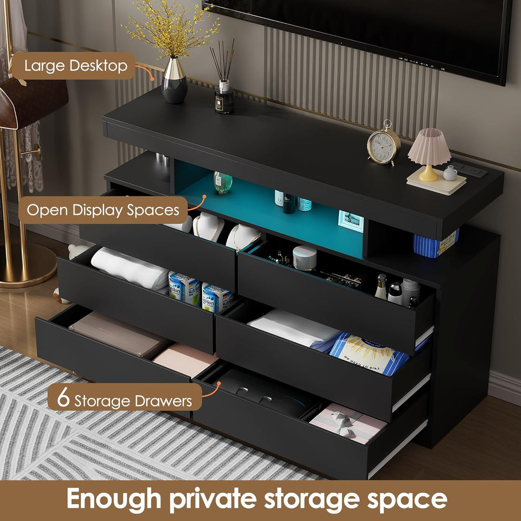 BEWISHOME Black Dresser for Bedroom with Charging Station and LED Lights, 6 Drawer Dresser Chests of Drawers, Wood Dressers for Closet, Modern Wide Dressers with Open Space, TV Stand, Black KCG02B
