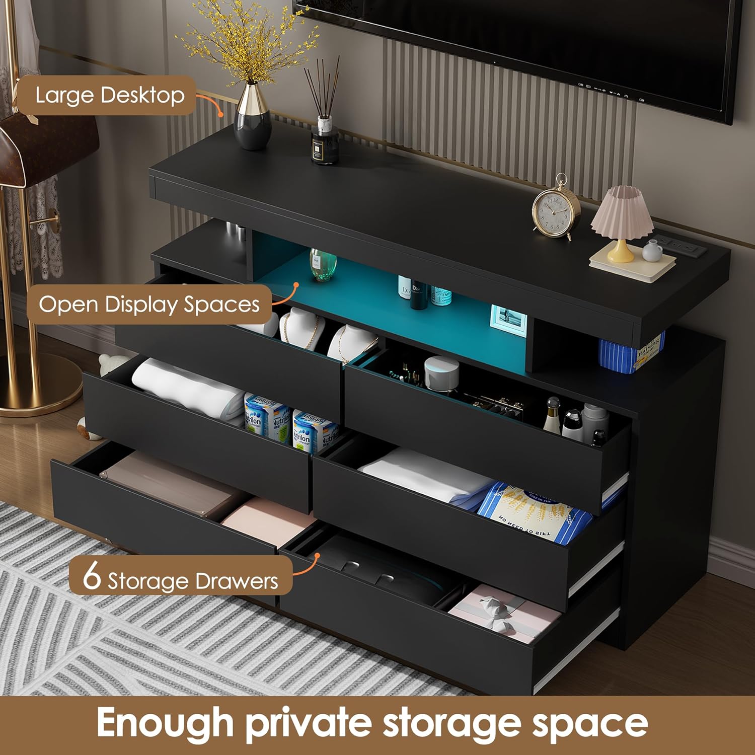 BEWISHOME Black Dresser for Bedroom with Charging Station and LED Lights, 6 Drawer Dresser Chests of Drawers, Wood Dressers for Closet, Modern Wide Dressers with Open Space, TV Stand, Black KCG02B