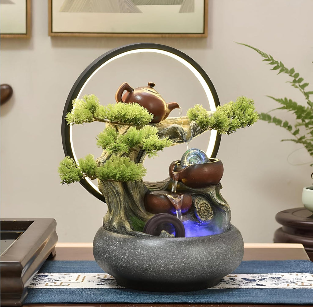 15.75 Inch-Tabletop Ceramic Fountain&5 Tiers of Flowing Water&Zen+Free 10 Crystals-Suitable for Indoor Meditation&Landscape&Good Luck-Fogging&LED Color Lights&Tea Pot