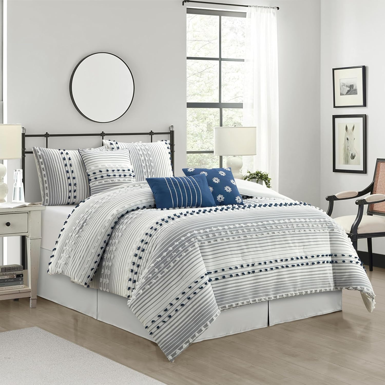 Stratford Park Blue Striped Dots King Size Comforter Sets, 7 Piece, Jaquard & Clip Bedding Sets & Collections, Bedskirt, Pillows & Shams, All Season Bedding Set