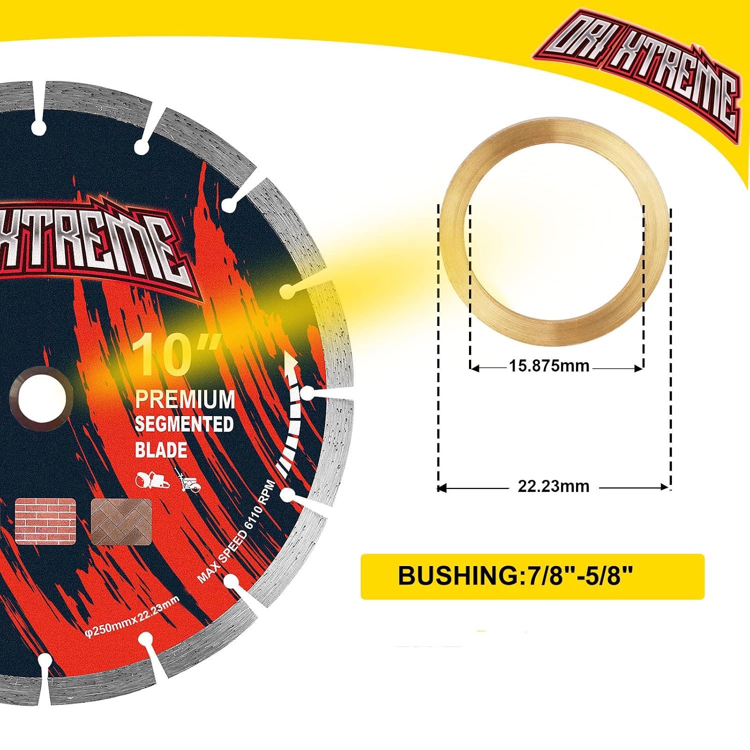 10 Inch Diamond Saw Blade 5pcs, Segmented General Purpose Blade Dry/Wet Cutting Concrete, Masonry, Brick, Block,7/8'-5/8' Arbor