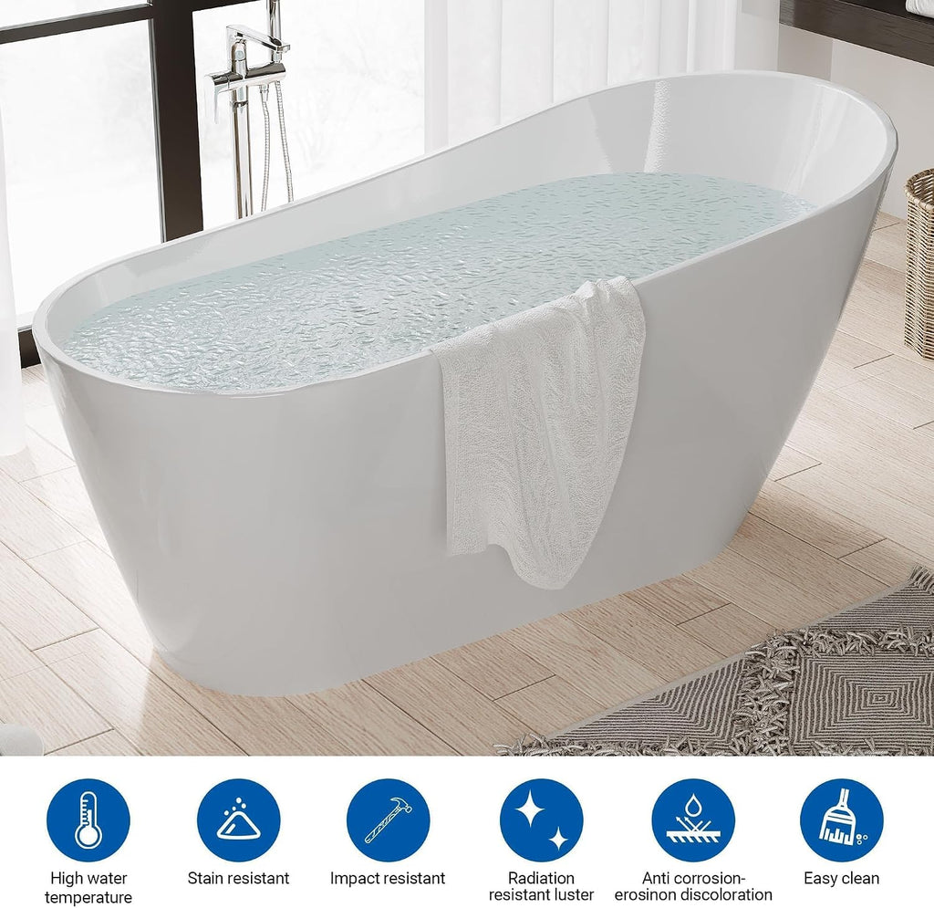 67 Inch Acrylic Freestanding Bathtub, Deep Soaking Tub with Non-Slip Base, cUPC Certified Free Standing Modern Bath Tub with Chrome Drain, Easy-Clean White Soaking Tub for Bathroom, Home Spa