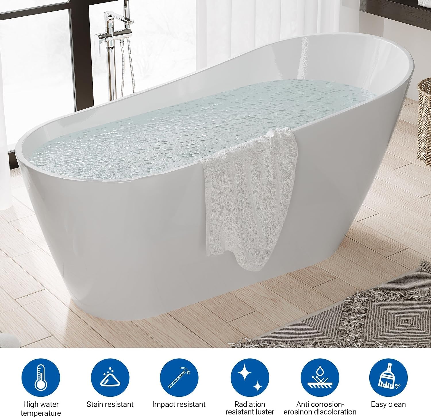 67 Inch Acrylic Freestanding Bathtub, Deep Soaking Tub with Non-Slip Base, cUPC Certified Free Standing Modern Bath Tub with Chrome Drain, Easy-Clean White Soaking Tub for Bathroom, Home Spa