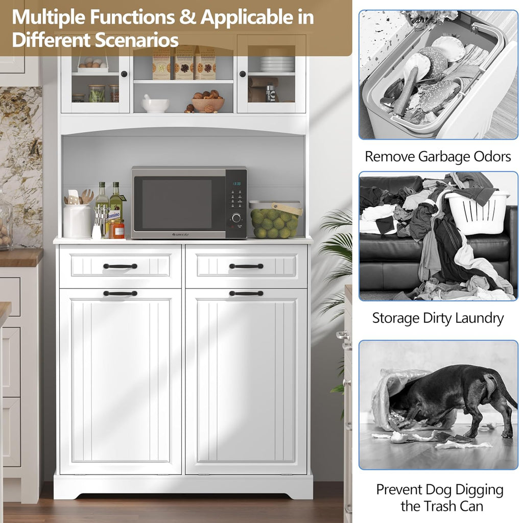 Double 13 Gallon Tilt Out Trash Can Cabinet with Deodorizing Function and Power Outlet, 71' Tall Wooden Garbage Can Holder Cabinet with 2 Storage Hutch & 2 Drawers for Kitchen and Dining Room, White