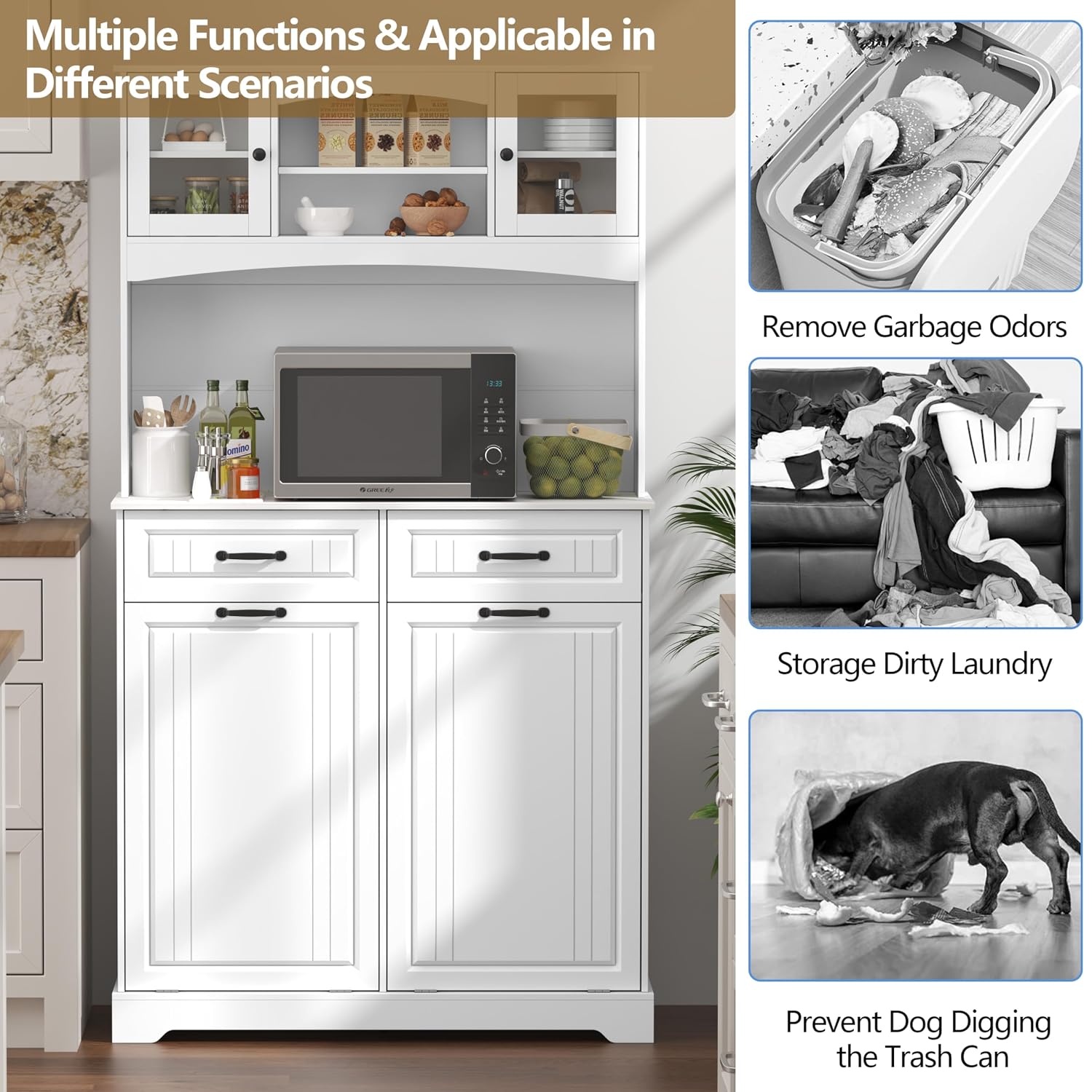 Double 13 Gallon Tilt Out Trash Can Cabinet with Deodorizing Function and Power Outlet, 71' Tall Wooden Garbage Can Holder Cabinet with 2 Storage Hutch & 2 Drawers for Kitchen and Dining Room, White