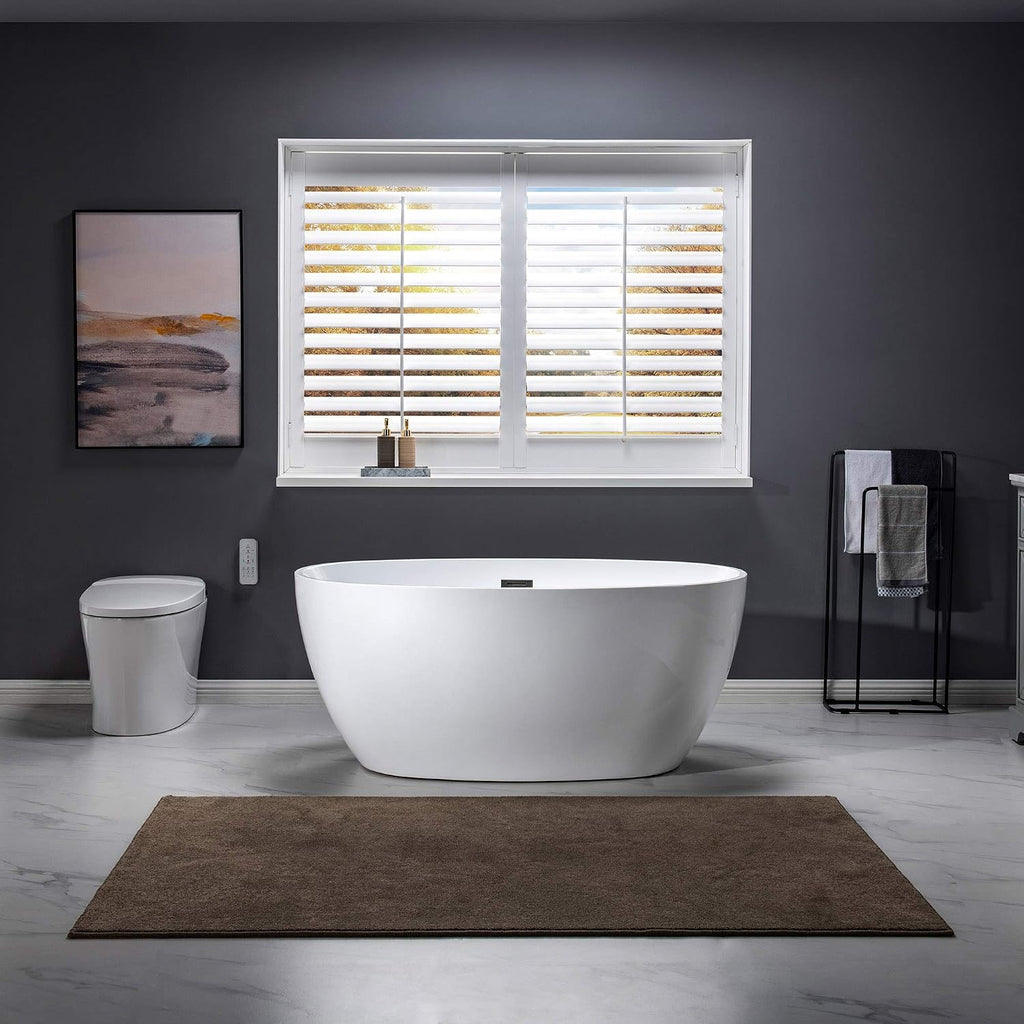 WOODBRIDGE 55' Acrylic Freestanding Bathtub Contemporary Soaking White Tub with Matte Black Overflow and Drain，BTA1418 -MB-Drain &O