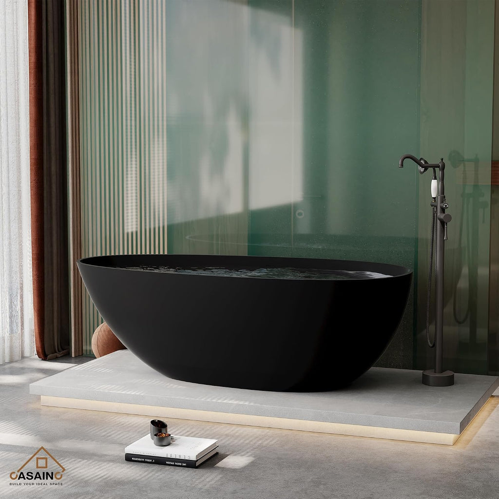 CASAINC 67' Freestanding Bathtub Egg-Shaped Stone Resin Freestanding Tub Solid Surface Matte Black Stand-Alone Tub with Drain, Drain Hose & Sanding Paper