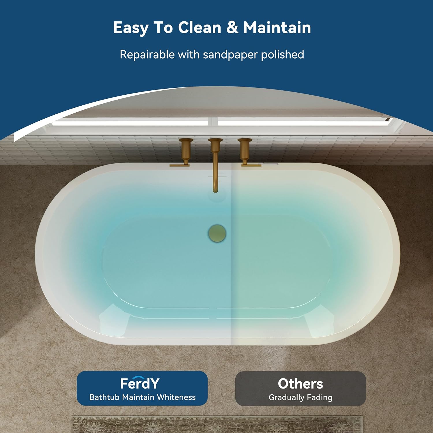 FerdY Shangri-La 55' Acrylic Freestanding Bathtub, Ergonomic Lightweight Classic Oval Soaking Bathtub with Brushed Gold Drain, Minimalist Linear Design Overflow, Modern White