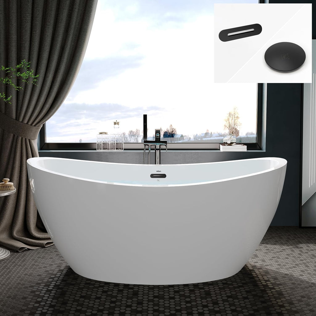 FerdY Naha 59' Acrylic Freestanding Bathtub, Curve Edge Freestanding Soaking Bathtub, Glossy White, cUPC Certified, Matte Black Drain & Matte Black Overflow Included