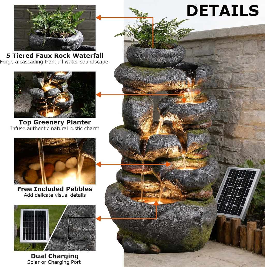 5-Tier Solar Water Fountain Outdoor Garden Cascading Rock Feature, 29.5''Tall Solar Powered Outside Fountains and Waterfalls with Lights for Garden, Patio, Yard, Deck Home Décor
